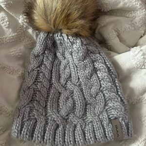 Gray Cable Knit Beanie with Faux Fur Pom